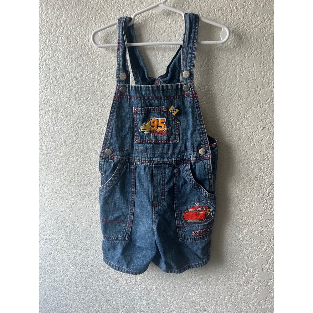 Y2K Vtg Disney Pixar Cars Lightning McQueen Denim Short Overalls 4T‎ Nostalgia